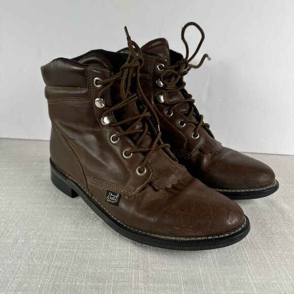 VTG Justin Basics Brown Kiltie Distressed Chore Work Boots Women’s Sz‎ 7.5B - Picture 1 of 16